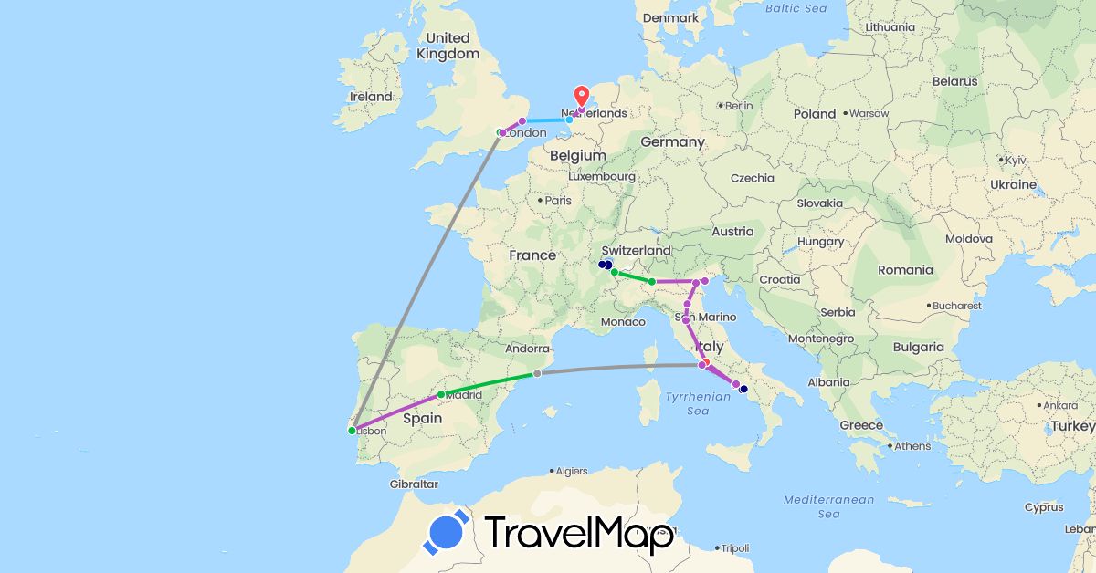 TravelMap itinerary: driving, bus, plane, train, hiking, boat in Switzerland, Spain, France, United Kingdom, Italy, Netherlands, Portugal (Europe)